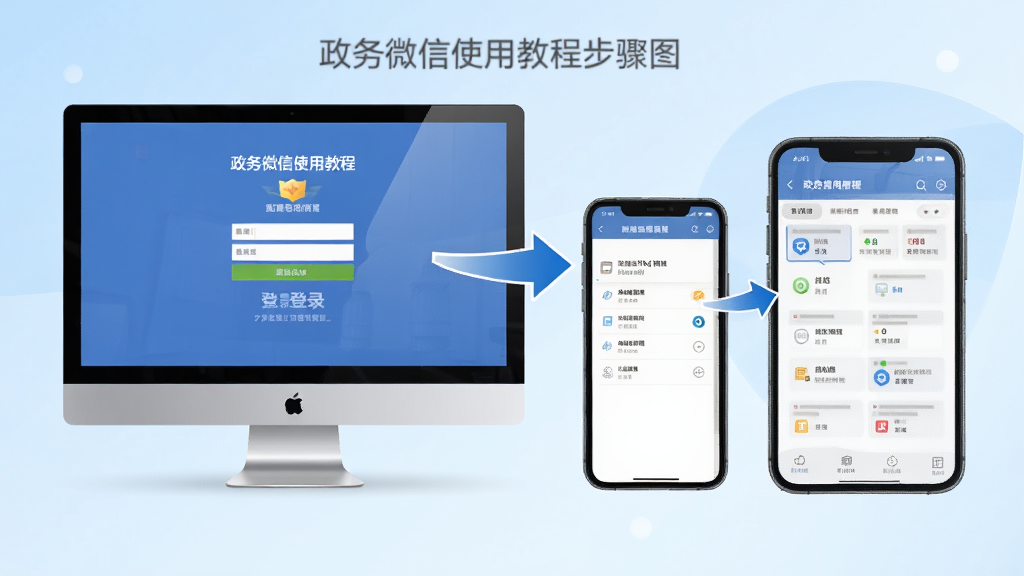 政务微信使用教程步骤图,主体为电脑和手机并排,屏幕显示登录界面和文件管理界面,背景为浅蓝色渐变,布局清晰,风格教学演示,细节有箭头指示,画质高清,干净,无多余元素。