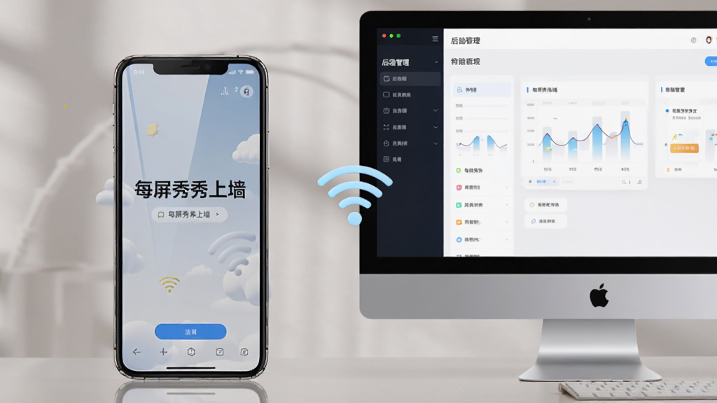 主体为一部手机与一台电脑并排,手机屏幕显示“每屏秀秀上墙”的移动端界面,电脑屏幕显示后台管理界面;布局为左右对称,中间有WiFi图标;风格为写实摄影,光线柔和;细节包括屏幕反光与按键细节;画质高清,干净无多余元素