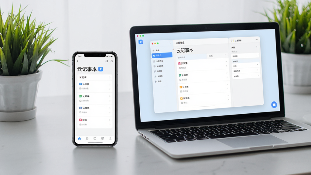 主体为一部现代智能手机与一台笔记本电脑并排放置,屏幕上都清晰展示着一款名为“云记事本”的应用界面,界面风格简洁明亮,背景是浅灰色的桌面与绿色植物,整体布局平衡,突显跨设备同步的核心功能,风格为扁平化UI设计,画面干净,细节精致,高画质,无多余元素。