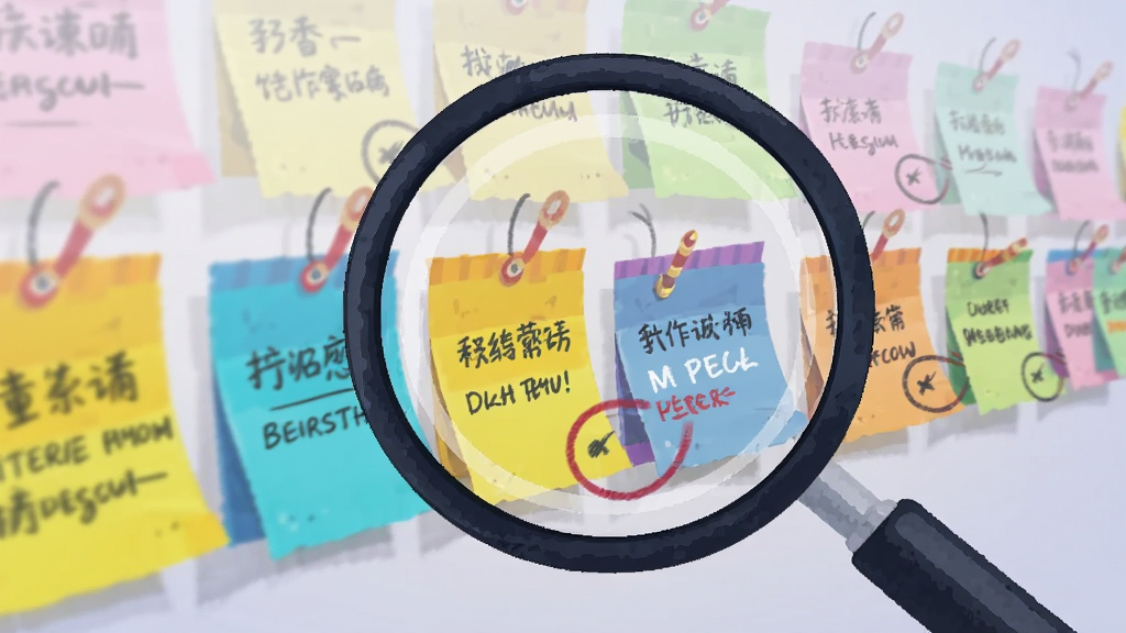 主体为放大镜图标扫描过一排排整齐排列的彩色便签纸,便签上写有文字和标签,构图以放大镜为中心,风格为创意插画,色彩明快,背景柔和,突出搜索的精准与高效,高画质,干净,无多余元素。