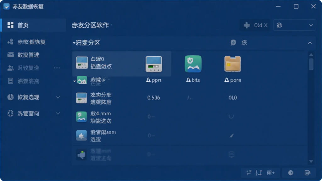 赤友数据恢复软件主界面预览图,主体为简洁的深蓝色软件窗口,界面居中显示磁盘分区选择列表,左侧为功能导航栏,整体布局清晰明快,现代扁平化设计风格,细节精致画质干净,无多余元素