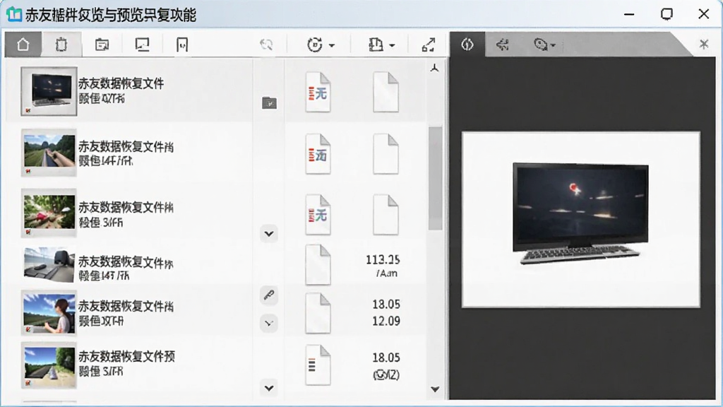 赤友数据恢复文件预览与选择性恢复功能截图,主体为文件列表与右侧预览窗口,布局为左列表右预览模式,风格清爽简洁,细节展示图片缩略图与文件大小信息,画质干净无多余元素