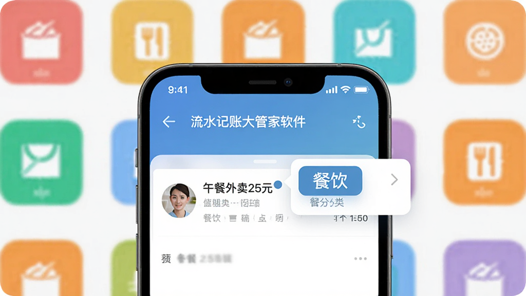 图片主体为“流水记账大管家软件”的智能分类功能演示,手机界面展示一条“午餐外卖25元”的记录,系统自动弹出“餐饮”分类标签,背景有多个彩色分类图标排列,布局清晰,风格扁平化,细节突出智能识别过程,画质干净,无多余元素