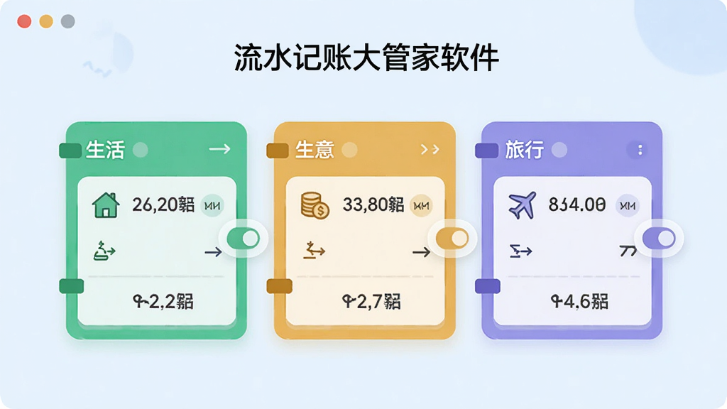 画面以“流水记账大管家软件”的多账本管理页面为主体,展示三个不同颜色的账本卡片,分别标注“生活”“生意”“旅行”,每个卡片内显示收支小图标和余额数字,背景为浅蓝色,布局整齐,风格简洁,细节包含切换动画效果,画质高清,无多余元素