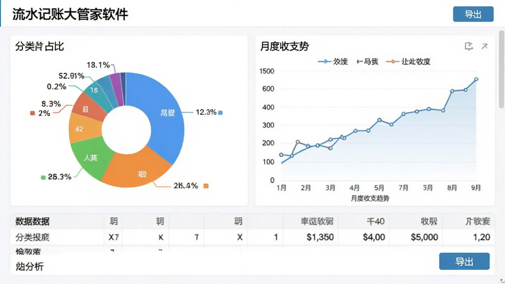 图片以“流水记账大管家软件”的报表分析界面为主体,左侧为彩色饼图展示分类占比,右侧为折线图展示月度收支趋势,下方有数据表格,背景为白色,排版专业,风格商务,细节包含“导出”按钮,画质清晰,无多余元素