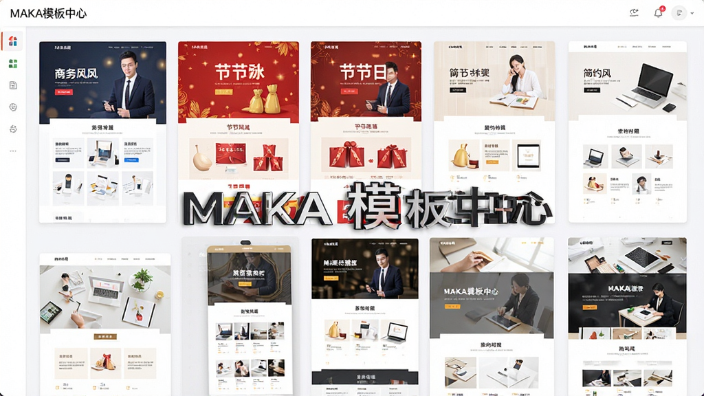 MAKA模板库界面,多屏展示不同风格的H5页面模板缩略图,如商务风、节日风、简约风,画面整齐排列,色彩鲜艳,界面干净,高分辨率,文字标注“MAKA模板中心”