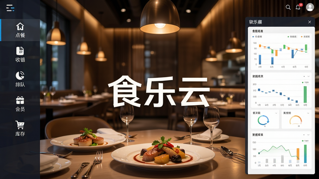 食乐云软件主界面截图展示,画面中央为清晰的“食乐云”品牌标识,背景是现代化的餐厅环境,暖色调灯光,餐桌上摆放精致菜品,界面布局简洁,左侧功能菜单包含点餐、收银、排队、会员、库存等图标,右侧为数据看板,整体风格商务大气,画质清晰,干净无多余元素
