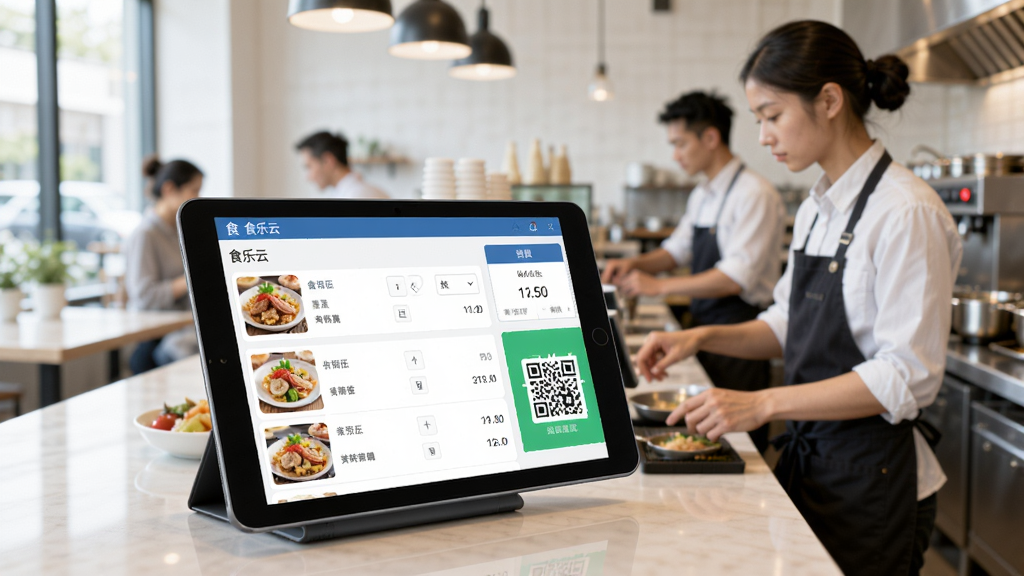 食乐云软件的点餐收银界面,展示平板电脑上运行食乐云系统,屏幕显示菜品列表、数量、价格和二维码支付界面,背景为忙碌的餐厅吧台,员工正在操作,整体画面明亮,细节丰富,画质高清,干净无多余元素