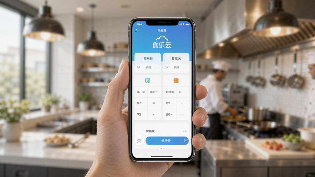 食乐云手机端操作示意图,展示一部智能手机握在手中,屏幕显示食乐云软件的操作界面,背景是模糊的餐厅厨房,光线充足,画面干净,重点突出手机屏幕内容,画质清晰