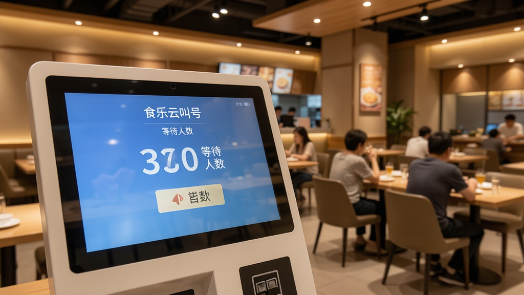 食乐云排队叫号界面截图,前景为取号机屏幕显示号码和等待人数,背景是餐厅候餐区,顾客坐在椅子上等候,屏幕上显示“食乐云叫号”字样,整体色调温馨,画面清晰,干净无多余元素