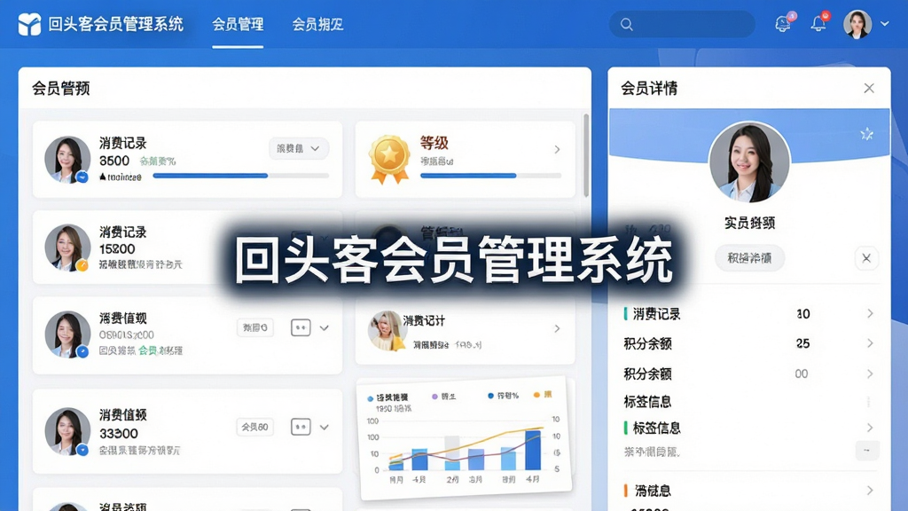 图片主体为“回头客会员管理系统”的会员管理后台截图样式,左侧为会员列表,右侧显示会员详情画像,包括消费记录、积分余额、标签信息;布局为典型的后台管理界面,顶部为系统导航栏;排版整洁,使用蓝白配色,会员数据以卡片形式展示;风格为现代商务界面设计,细节包含进度条、等级徽章、数据图表;画质清晰干净,无多余元素,画面中心突出“回头客会员管理系统”品牌标识。