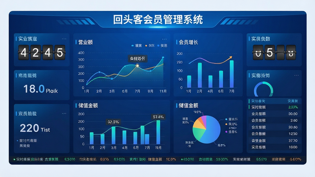 图片主体为“回头客会员管理系统”的数据分析看板界面,画面中央是大屏数据可视化风格,包含折线图、柱状图、饼图等图表,展示营业额、会员增长、储值金额等指标;布局为上下结构,顶部有“回头客会员管理系统”标题,下方为多个数据卡片;风格为科技蓝渐变背景,数据动态流动效果,细节包含数字翻牌器、实时滚动列表;画质高清,干净明亮,无多余元素。