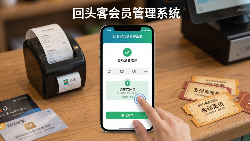 图片主体为“回头客会员管理系统”的移动端手机操作界面,手机屏幕显示会员消费收款页面,背景为木质收银台,旁边放置小票打印机;布局为手机居中,周围有散落的会员卡、优惠券元素;排版强调手机屏幕内容,上方有“回头客会员管理系统”字样;风格为写实摄影与UI结合,细节包含触摸手势、支付成功提示;画质清晰,光线柔和,背景虚化,无多余元素。