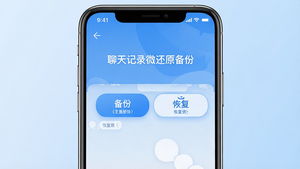 一张智能手机屏幕显示着聊天记录备份与恢复的界面,界面风格简洁明了,主色调为蓝色和白色,背景为淡雅的渐变蓝色,手机居中摆放,屏幕内展示着“聊天记录微还原备份”的软件名称和备份、恢复两个主要功能按钮,整体布局清晰,画质高清,细节丰富,风格现代,干净无多余元素