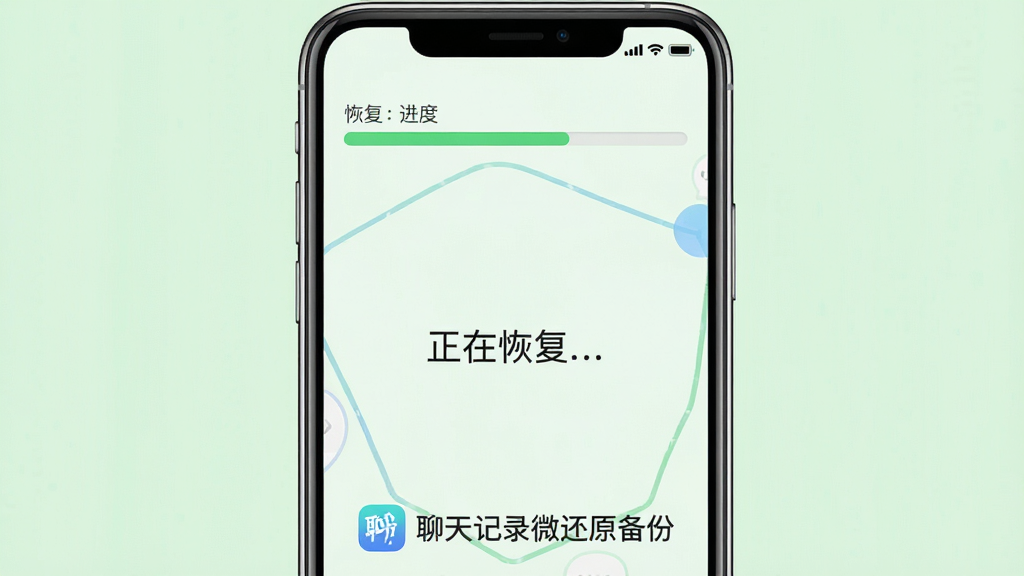 一张展示“聊天记录微还原备份”恢复功能的图片,手机屏幕显示恢复进度条,背景为淡绿色,手机屏幕中央有“正在恢复...”的文字提示,界面下方有“聊天记录微还原备份”的软件标识,整体风格简约,画质高清,细节丰富,无多余元素