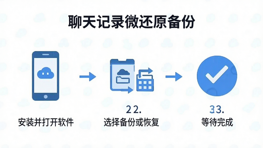 一张展示“聊天记录微还原备份”使用步骤的流程图,图片分为三个步骤,第一步是安装并打开软件,第二步是选择备份或恢复,第三步是等待完成,每个步骤下方有简短的文字说明,整体为扁平化设计风格,背景为白色,图标为蓝色,画质清晰,无多余元素