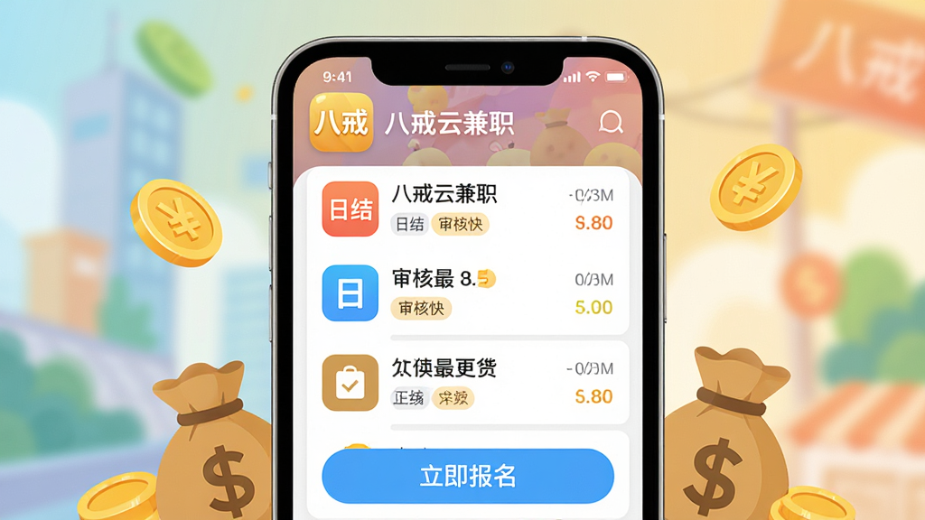 主体:一款名为“八戒云兼职”的手机应用界面,屏幕上有兼职列表和“立即报名”按钮,周围有金币和钱袋元素。布局:中心构图,应用界面占主体,背景虚化。排版:界面清晰,图标整齐。风格:现代扁平化,色彩明亮。细节:应用图标上有“八戒”字样,界面显示“日结”、“审核快”等标签。画质:高清,干净,无多余元素。