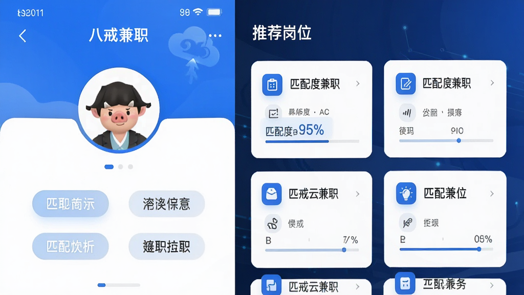 主体:“八戒云兼职”应用内智能匹配功能预览,展示一个用户画像和几个匹配的兼职卡片。布局:左右分栏,左侧为个人标签,右侧为推荐岗位。排版:卡片式设计,信息排列有序。风格:科技感,蓝色调。细节:卡片上有“匹配度95%”字样,图标简洁。画质:高清,干净,无多余元素。