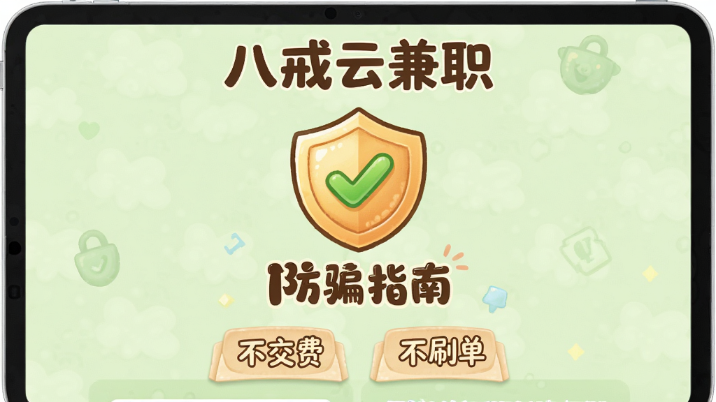 主体:“八戒云兼职”安全提示页面,上面有盾牌图标和“防骗指南”字样。布局:居中构图,背景为淡绿色。排版:文字简洁,图标醒目。风格:温馨卡通风格。细节:盾牌上有对勾,下方列出“不交费”、“不刷单”等标语。画质:高清,干净,无多余元素。