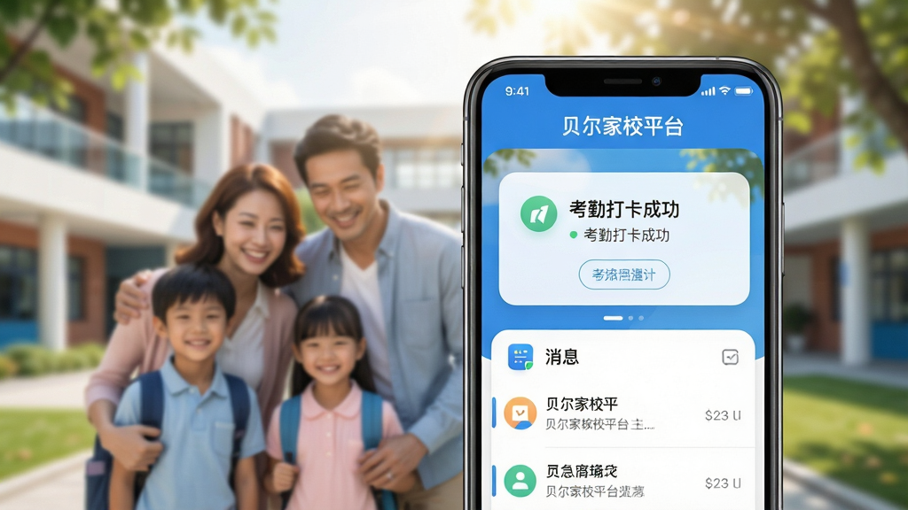 主体:智能手机屏幕展示贝尔家校平台主界面,背景是模糊的现代校园与 smiling 的家长和孩子。布局:手机位于画面中央偏右,界面清晰显示“贝尔家校平台”字样、考勤打卡成功提示和消息列表。排版:前景手机特写,背景虚化,突出软件界面。风格:扁平化设计结合写实光影,色彩明亮清新,以蓝色和白色为主色调。细节:手机屏幕内信息卡片圆润,图标精致,背景有阳光透过树叶的光斑。画质:4K超清,干净,无多余元素。