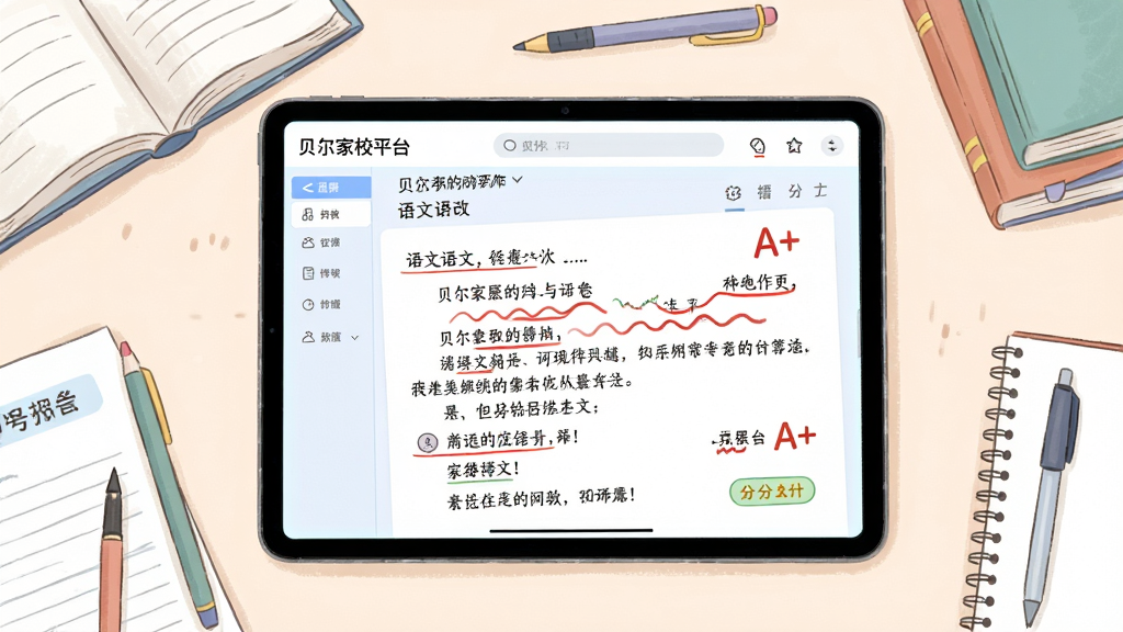 主体:平板电脑上展示贝尔家校平台的作业批改界面,有红色批注和A+评分。布局:平板位于画面中央,周围散落着书本和文具,屏幕内容占据主导。排版:俯拍视角,桌面布局整洁,屏幕亮起。风格:清新简约的插画风格,色彩柔和。细节:平板屏幕内展示语文作文批改样例,有波浪线、评语和打分。画质:高分辨率,干净,无多余元素。