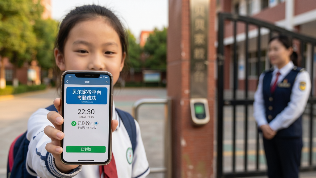 主体:一位小学生手持手机在校门口完成考勤打卡,手机屏幕显示“贝尔家校平台,考勤成功”。布局:学生位于画面左侧,右侧是校门和值日老师,手机屏幕朝向镜头。排版:采用平视视角,主体突出,背景环境交代清晰。风格:写实摄影风格,自然光线,色彩真实温暖。细节:手机界面上的时间、日期和“已到校”状态清晰可见,学生表情自然。画质:高清细腻,干净,无多余元素。