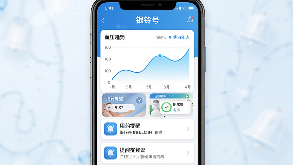 主体:银铃号App的健康管理界面,显示血压趋势图、用药提醒卡片。布局:图表居中,下方有提醒列表。排版:数据可视化清晰,颜色区分明显。风格:清新医疗风,蓝色系。细节:界面有“银铃号”字样,图表线条流畅,提醒卡片带铃铛图标。画质:高清,干净,无多余元素。