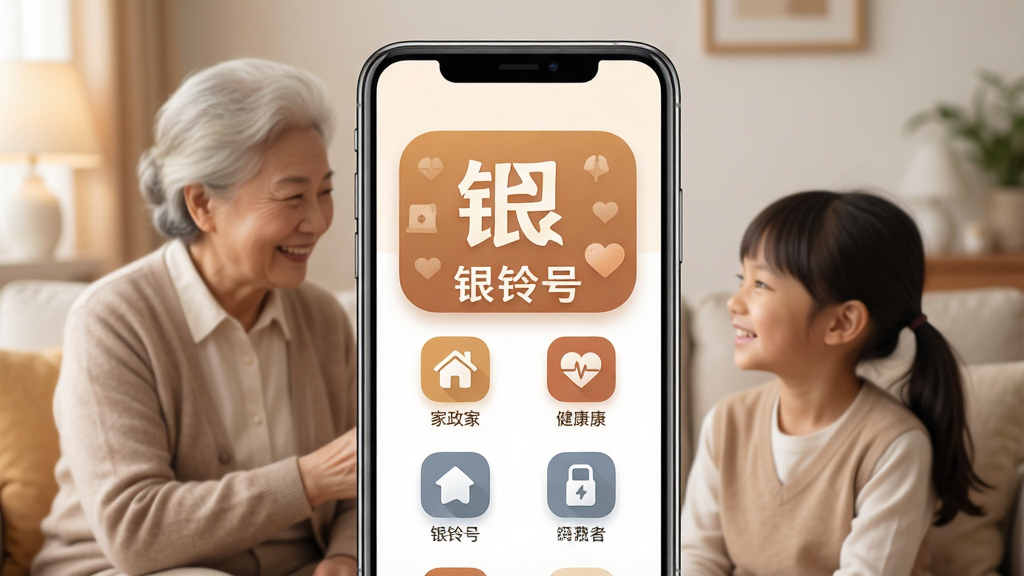 主体:一款名为“银铃号”的智能手机应用界面,屏幕显示大字体图标和“银铃号”字样,背景是温馨的家庭场景,有老人和子女微笑交流。布局:手机居中,界面元素清晰,四周留白。排版:简洁明了,图标排列整齐。风格:写实与扁平结合,暖色调。细节:界面图标包含家政、健康、缴费等,光线柔和。画质:高清,干净,无多余元素。