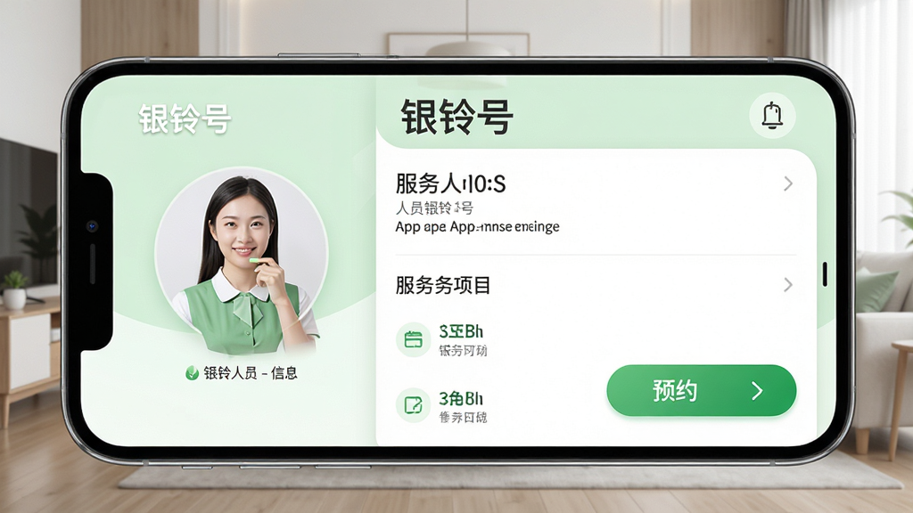 主体:银铃号App的家政服务预约界面,显示服务人员信息、服务项目列表和预约按钮。布局:手机界面占主体,左侧有服务人员头像,右侧是服务详情。排版:信息层级分明,重点突出“预约”按钮。风格:现代简约,浅绿色与白色搭配。细节:界面有“银铃号”字样,服务人员穿统一制服,背景为整洁的客厅。画质:高清,干净,无多余元素。