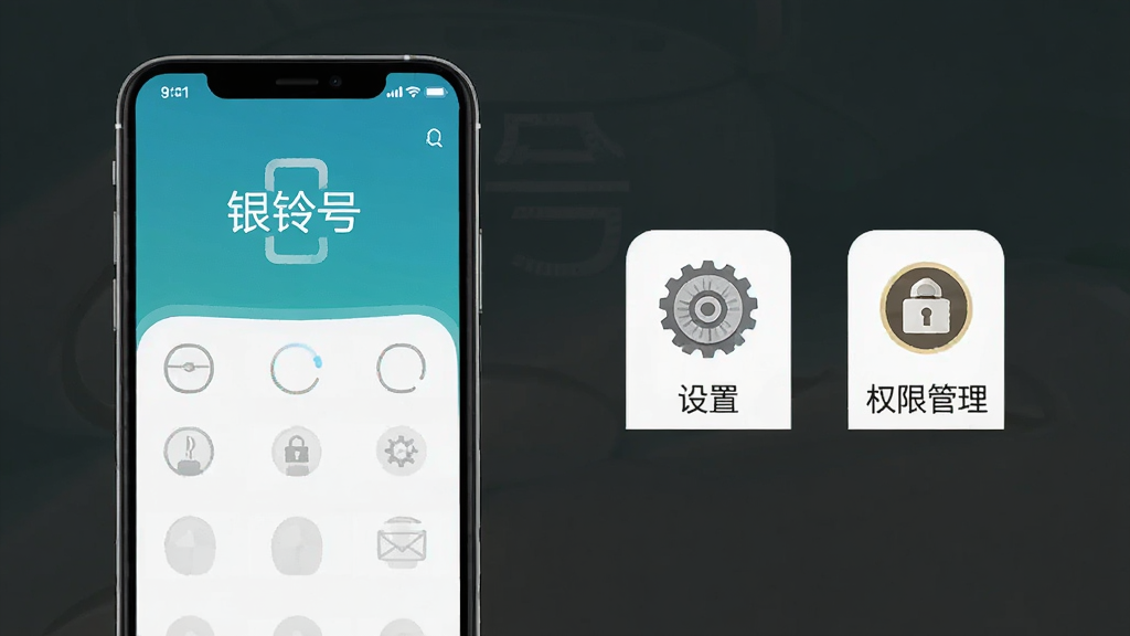 主体:手机屏幕显示银铃号的操作界面,旁边有“设置”“权限管理”图标。布局:手机与文字说明结合。排版:清晰。风格:扁平化。细节:界面有“银铃号”字样。画质:高清。