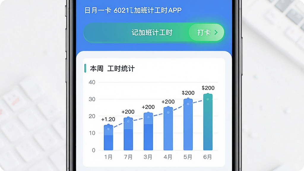 主体:记加班计工时APP主界面,显示当日打卡状态和工时统计图表;布局:手机居中,界面元素清晰可见,上方显示日期和打卡按钮,下方为本周工时柱状图;排版:简洁现代,信息层级分明;风格:扁平化插画风格,配色以蓝色和白色为主;细节:打卡按钮有绿色高亮提示,图表数据标注具体数字;画质:高清、干净、无多余元素