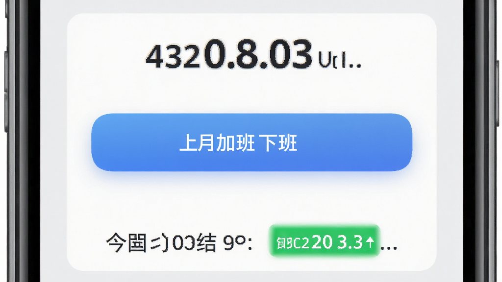 主体:记加班计工时APP的打卡成功界面,显示上班时间和下班时间;布局:手机屏幕居中展示,上方为时间显示,中间为打卡按钮,下方为今日工时结果;排版:卡片式布局,信息清晰易读;风格:写实风格,界面以浅灰色为底色,按钮为蓝色渐变;细节:打卡时间字体加粗,工时结果用绿色高亮显示;画质:细腻、干净、无多余元素
