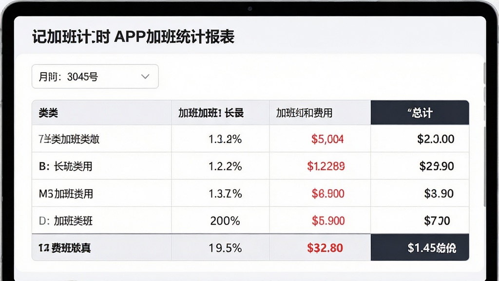 主体:记加班计工时APP的加班统计报表页面,显示不同加班类型的时长和费用;布局:表格形式呈现,顶部为月份选择器,下方为各类加班数据;排版:数据对齐工整,颜色区分明显;风格:简约商务风格,背景为浅白色,表格线条为浅灰色;细节:加班费用用红色字体标注,总计一栏加粗显示;画质:高清、干净、无多余元素