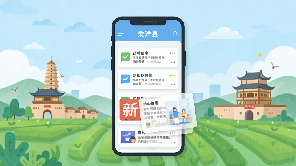 一幅以“爱洋县”为主体的现代扁平化风格插画,画面中央是智能手机屏幕,屏幕中显示招聘信息列表与新闻推送卡片,背景融入洋县地标建筑与绿色田野,整体布局清晰,色彩明亮柔和,画质干净高解析度,无多余元素