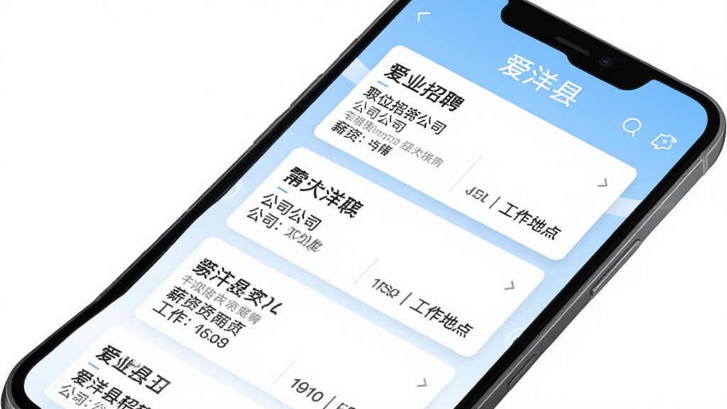 手机屏幕展示爱洋县APP招聘列表页面,界面简洁清晰,每一条招聘卡片显示职位名称、公司名称、薪资范围与工作地点,背景为浅蓝色渐变,整体排版整齐,风格清爽,画质干净无多余元素,带有“爱洋县”字样