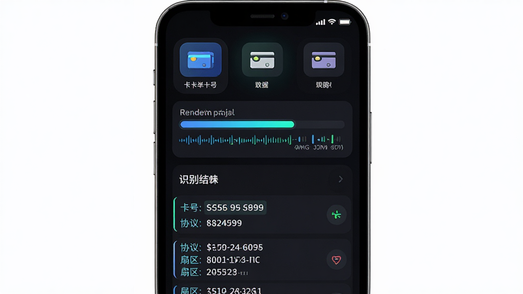 主体为NFC读卡专家应用在手机后台运行时的卡片识别界面截图风格图,布局上方为卡片类型图标,中间为读取进度条和数据流,下方为识别结果列表,采用深色主题,数据高亮显示,风格科技感强烈,细节包括卡号、协议类型、扇区数据等文字,画质清晰干净,无多余元素