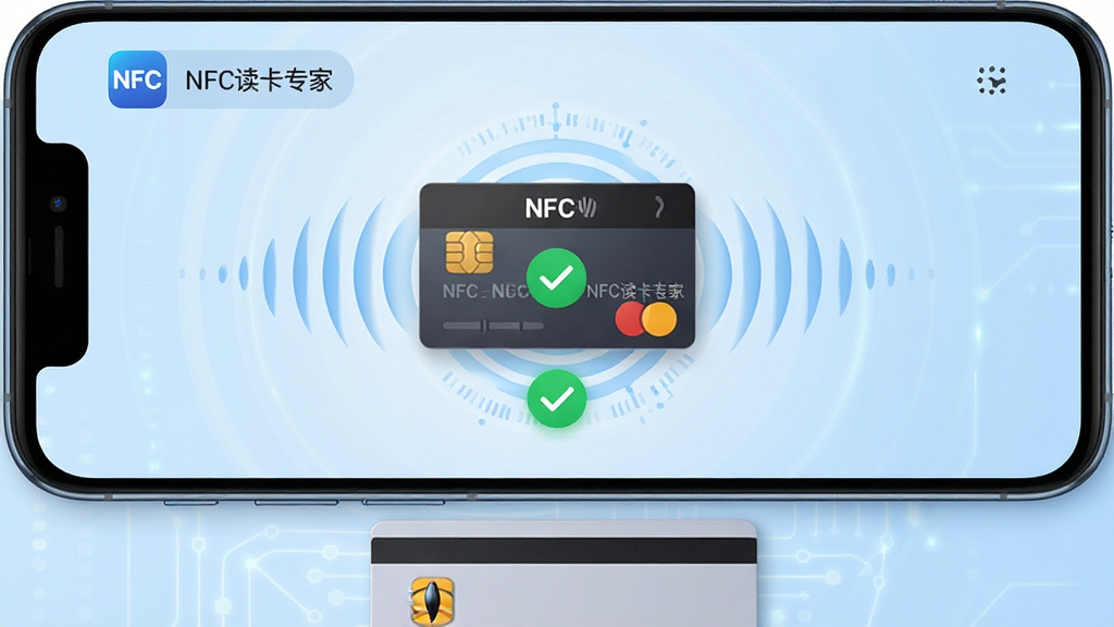 主体为一部智能手机屏幕正显示NFC读卡专家应用界面,界面中央有一个模拟的NFC卡片图形,周围环绕着数据波纹和读取成功的绿色对勾标识,手机下方放置一张实体门禁卡,背景为简洁的浅蓝色科技感渐变,整体布局清晰,排版疏朗,风格现代简约,细节处展示应用图标和“NFC读卡专家”文字,画质高清干净,无多余元素