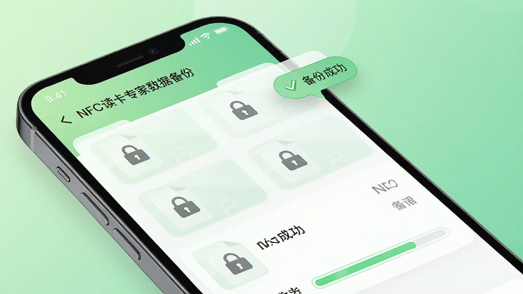 主体为一部手机屏幕显示NFC读卡专家的数据备份界面,界面中有多个卡片数据文件排列,每个文件带有加密锁图标,背景为柔和的绿色渐变,布局采用列表式,排版整齐,风格清新安全,细节有“备份成功”的提示气泡和加密进度条,画质干净,无多余元素