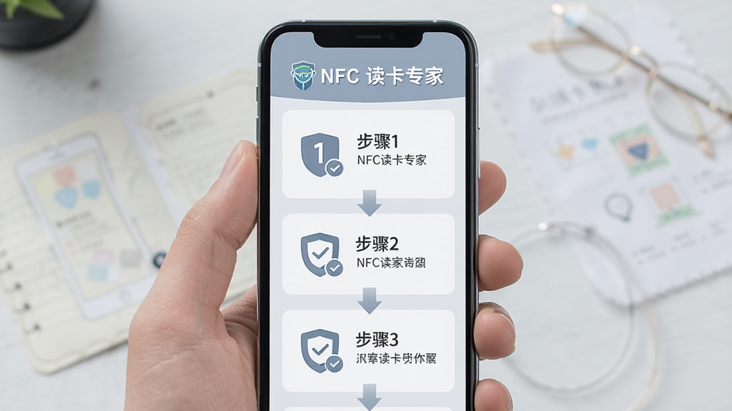 主体为手机屏幕显示NFC读卡专家的使用指南页面,界面包含步骤序号和图标,背景为浅灰色导师风格,布局纵向排列,排版简洁,风格教育感强,细节有“步骤1”、“步骤2”文字和箭头指示,画质干净,无多余元素