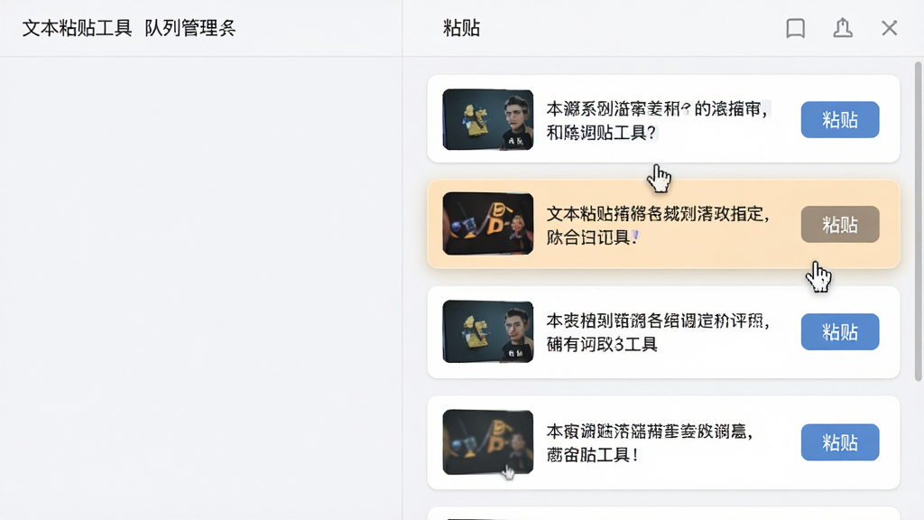 主体:文本粘贴工具的队列管理界面,显示多条已复制的文本片段。布局:队列列表在右侧,每个片段有缩略图和“粘贴”按钮。排版:列表式布局,简洁有序。风格:现代感,浅色背景,卡片式设计。细节:鼠标悬停在第一条内容上,有高亮效果。画质:高清,干净,无多余元素
