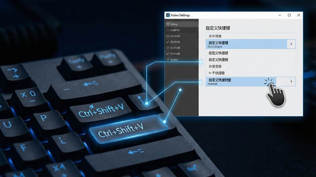 主体:键盘特写,按键上标有“Ctrl+Shift+V”等组合键,旁边显示软件设置窗口。布局:键盘在前景,设置界面在背景,有光效连线指示。排版:突出快捷键组合,设置选项清晰。风格:科技感,深色背景,蓝色光效。细节:设置窗口内显示“自定义快捷键”选项,鼠标正在点击。画质:高清,干净,无多余元素