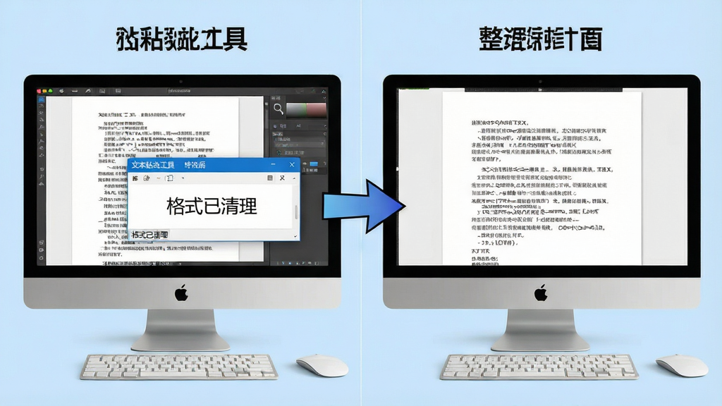 主体:电脑屏幕前,一份带有杂乱格式的文档通过软件操作后变成整洁的纯文本。布局:左右对比图,左侧为混乱格式,右侧为清理后的干净文本。排版:对比鲜明,有箭头指示转换过程。风格:清晰直观,背景浅蓝色。细节:显示“文本粘贴工具”界面浮窗,文字内容为“格式已清理”。画质:高清,干净,无多余元素