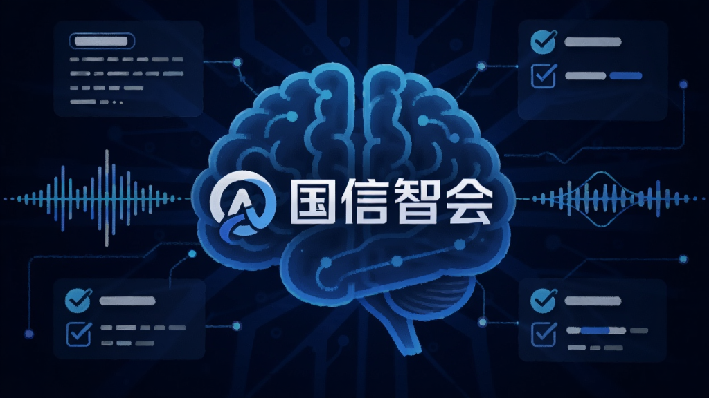 画面主体为AI大脑与文字结合的抽象图示,背景为深蓝色科技感光效,布局为中央构图,中心显示“国信智会”标志,周围环绕着文字段落和待办事项图标,风格为科技感扁平化,细节包括语音波形和智能分析线条,画质干净,无多余元素