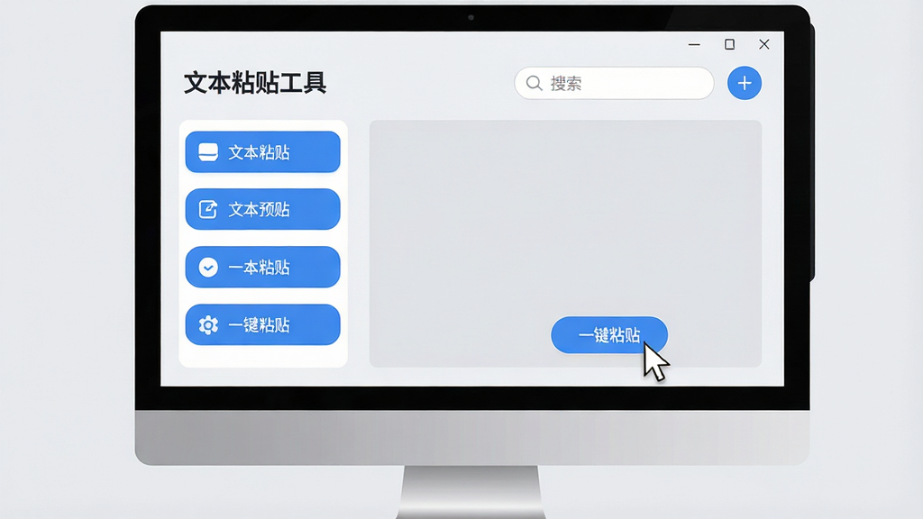 主体:软件主界面展示在电脑屏幕中央,界面简洁明亮,显示“文本粘贴工具”名称和几个功能按钮。布局:左侧为功能列表,右侧为预览区域,顶部有搜索框。排版:现代扁平化设计,按钮圆润,图标清晰。风格:科技感与亲和力结合,背景浅灰,主色调蓝色。细节:界面文字清晰可读,鼠标指针正在点击“一键粘贴”按钮。画质:高清,干净,无多余元素