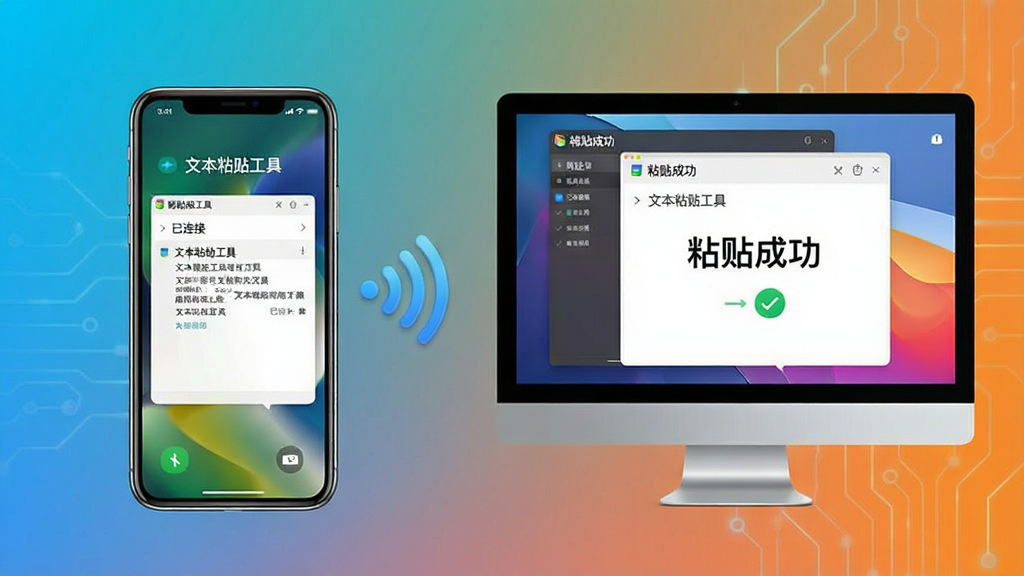 主体:手机和电脑并排,屏幕中显示“文本粘贴工具”正在同步文本内容。布局:手机在左侧,电脑在右侧,中间有无线连接符号。排版:简洁明了,突出跨设备功能。风格:现代科技感,背景为渐变色。细节:手机屏幕显示“已连接”,电脑屏幕显示“粘贴成功”。画质:高清,干净,无多余元素