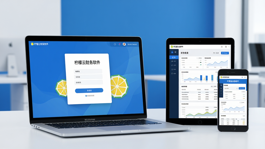 一张展示柠檬云财务软件在笔记本电脑和手机平板上同步运行的场景图,屏幕中清晰显示“柠檬云财务软件”的登录界面和财务报表看板,背景为现代简约办公环境,整体色调以蓝色和白色为主,画质清晰,干净无多余元素。