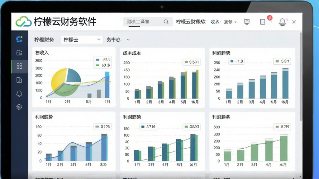 一张展示柠檬云财务软件报表中心页面的图片,屏幕中显示各类财务报表的图表和柱状图,包括收入、成本、利润趋势,背景为浅蓝色,整体风格商务专业,突出“柠檬云财务软件”的Logo,画质清晰。