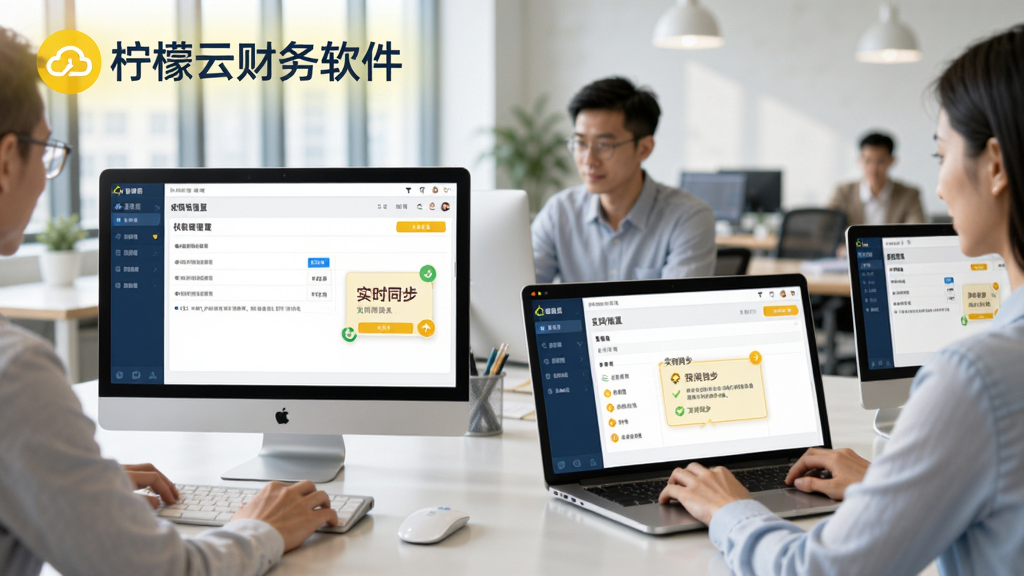 一张展示柠檬云财务软件多人协同办公的场景图,多个办公人员在不同设备上同时操作软件,界面显示权限管理设置和实时同步提示,背景为明亮的办公室环境,整体风格现代,突出“柠檬云财务软件”的品牌名称,画质清晰。