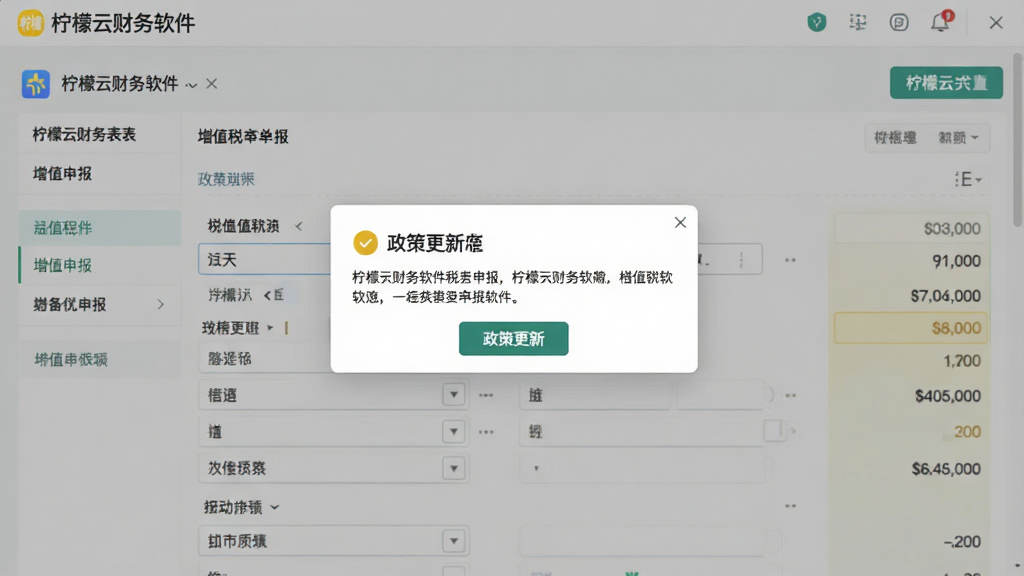 一张展示柠檬云财务软件税务申报功能的截图,界面显示增值税申报表填写页面,并弹出“政策更新”提示窗口,背景为浅灰色,整体风格简洁,突出“柠檬云财务软件”的界面元素,画质清晰。
