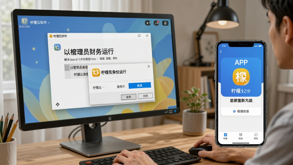 一张展示用户正在电脑前解决柠檬云财务软件安装问题的图片,屏幕显示“以管理员身份运行”的右键菜单,旁边有手机显示APP重新安装界面,背景为家庭办公桌,整体风格写实,突出“柠檬云财务软件”的图标,画质清晰。